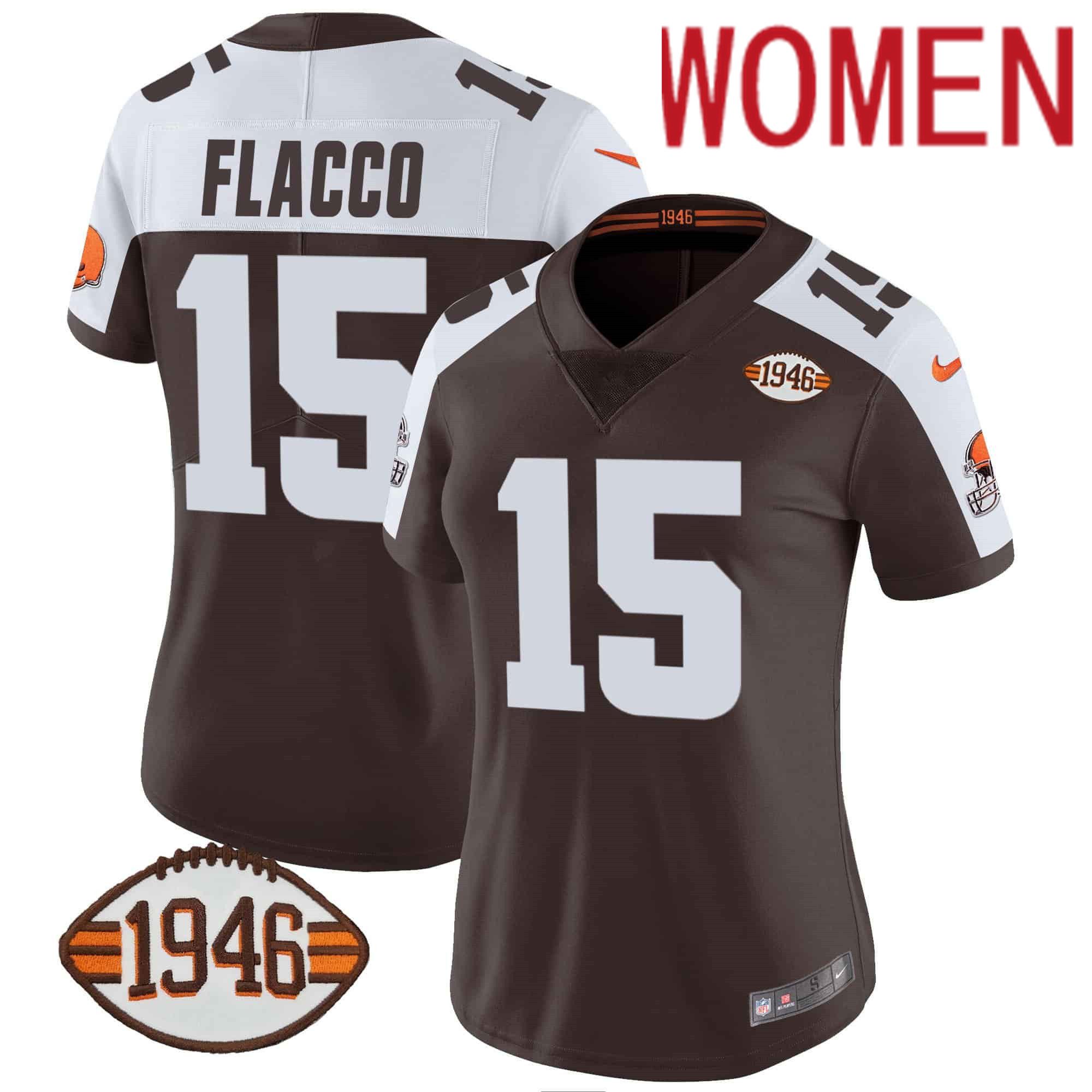 Women Cleveland Browns #15 Flacco Brown 1946 75th Anniversary Patch 2024 Nike NFL Jersey